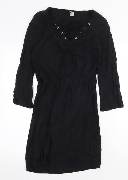 H&M Womens Black Viscose A-Line Size 8 V-Neck Pullover - Lace Up Detail