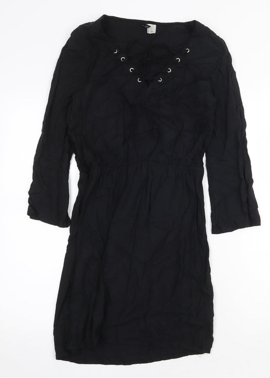 H&M Womens Black Viscose A-Line Size 8 V-Neck Pullover - Lace Up Detail