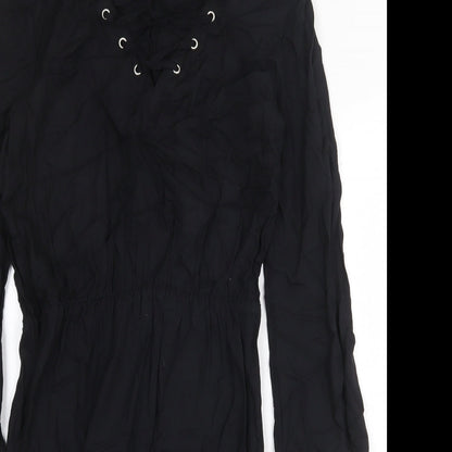 H&M Womens Black Viscose A-Line Size 8 V-Neck Pullover - Lace Up Detail