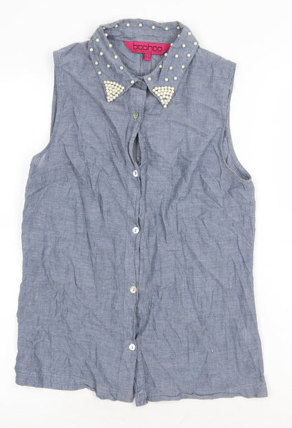 Boohoo Womens Grey 100% Cotton Basic Button-Up Size 10 Collared