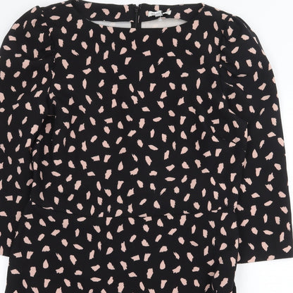 Warehouse Womens Black Geometric Cotton Sheath Size 14 Boat Neck Zip