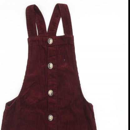 Denim & Co. Womens Red Cotton Pinafore/Dungaree Dress Size 6 Square Neck Button