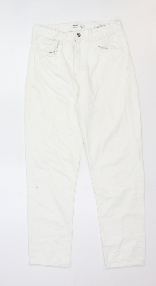 Bershka Womens White Cotton Straight Jeans Size 8 Regular Zip