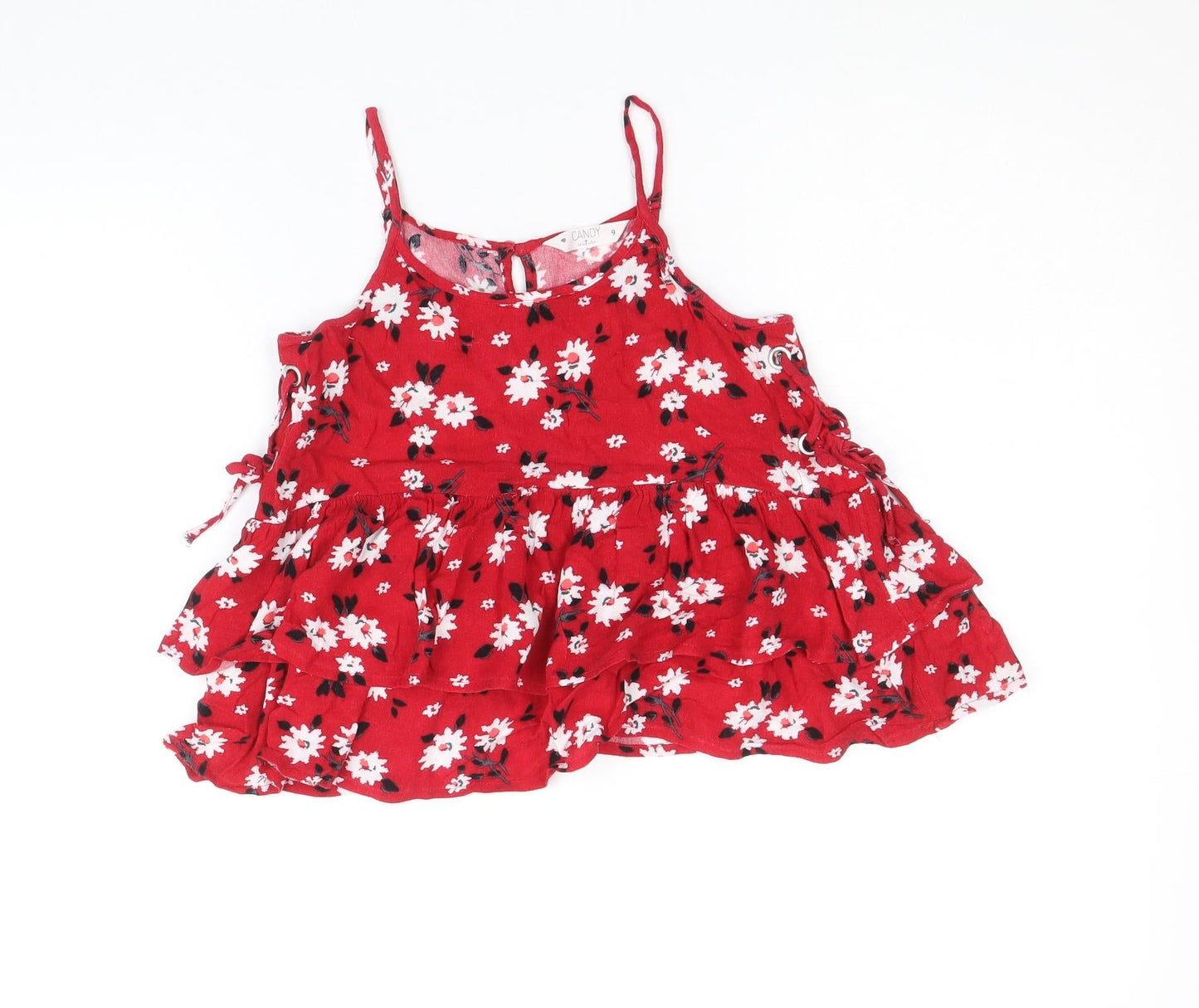 Candy Girls Red Floral Viscose Camisole Blouse Size 9 Years Scoop Neck Button - Smock