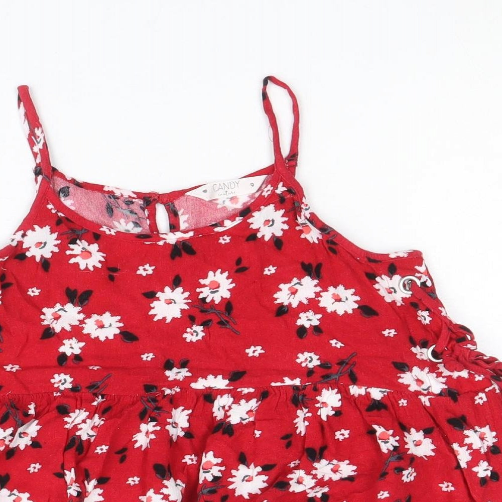 Candy Girls Red Floral Viscose Camisole Blouse Size 9 Years Scoop Neck Button - Smock
