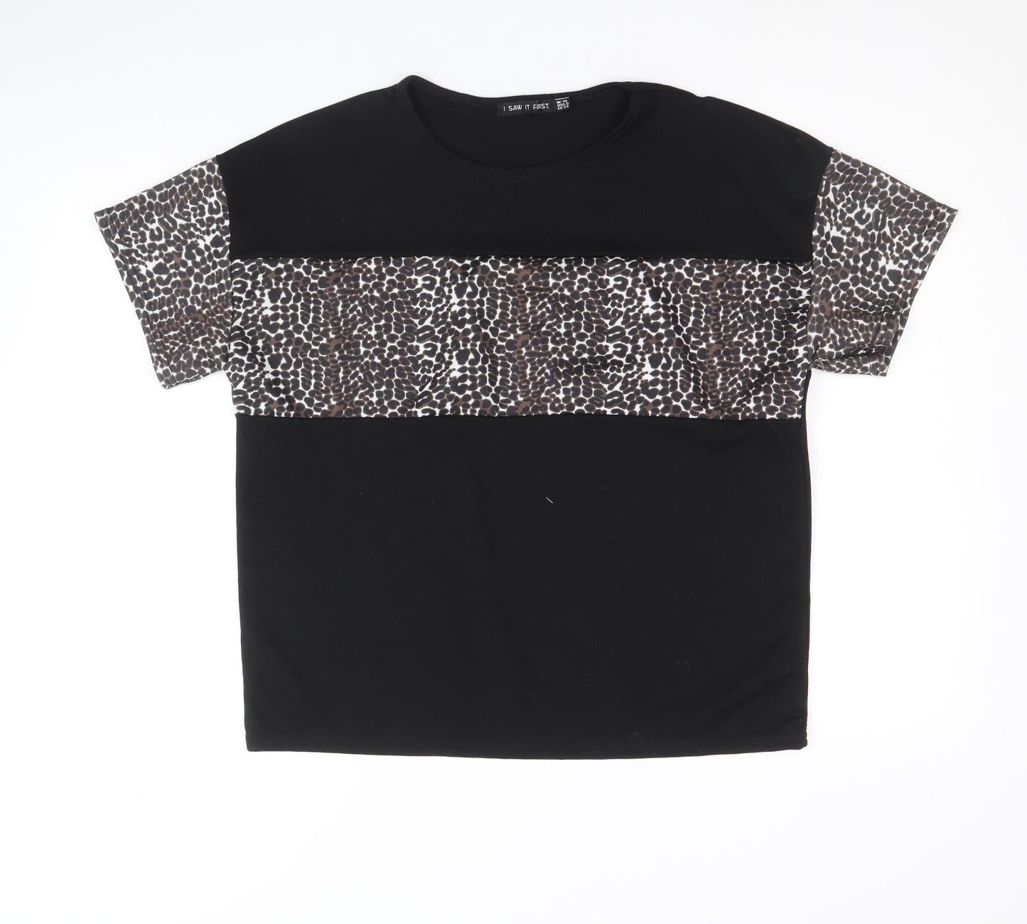 I SAW IT FIRST Womens Black Polyester Basic T-Shirt Size 10 Round Neck - Leopard Pattern