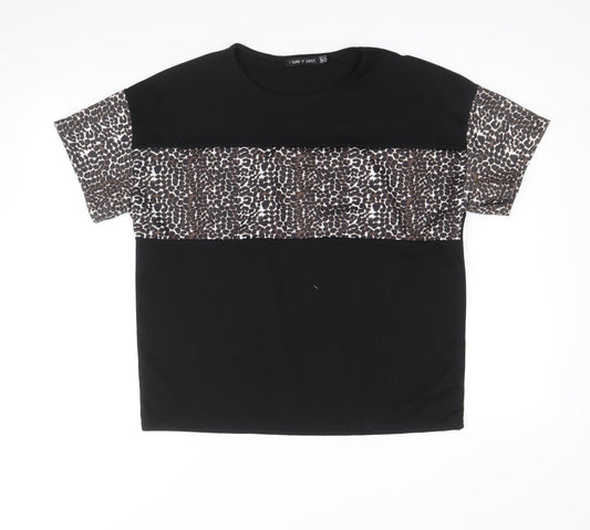 I SAW IT FIRST Womens Black Polyester Basic T-Shirt Size 10 Round Neck - Leopard Pattern