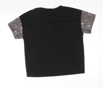 I SAW IT FIRST Womens Black Polyester Basic T-Shirt Size 10 Round Neck - Leopard Pattern