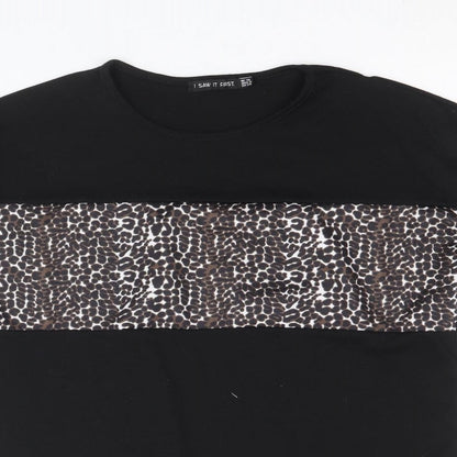 I SAW IT FIRST Womens Black Polyester Basic T-Shirt Size 10 Round Neck - Leopard Pattern
