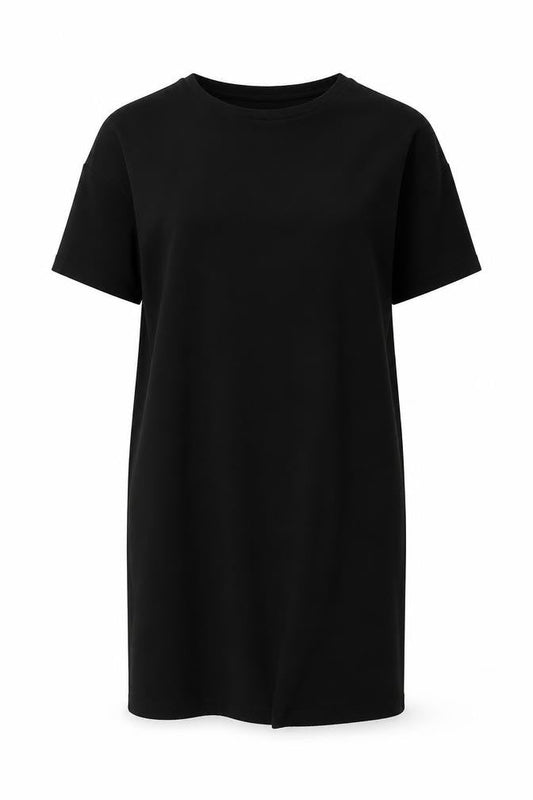 Front view of ASOS women’s black polyester t-shirt dress, size UK 10, round neck pullover