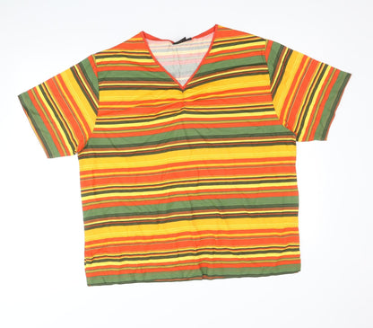 Fashion Clothing Line Womens Multicoloured Striped Viscose Basic T-Shirt Size XL V-Neck