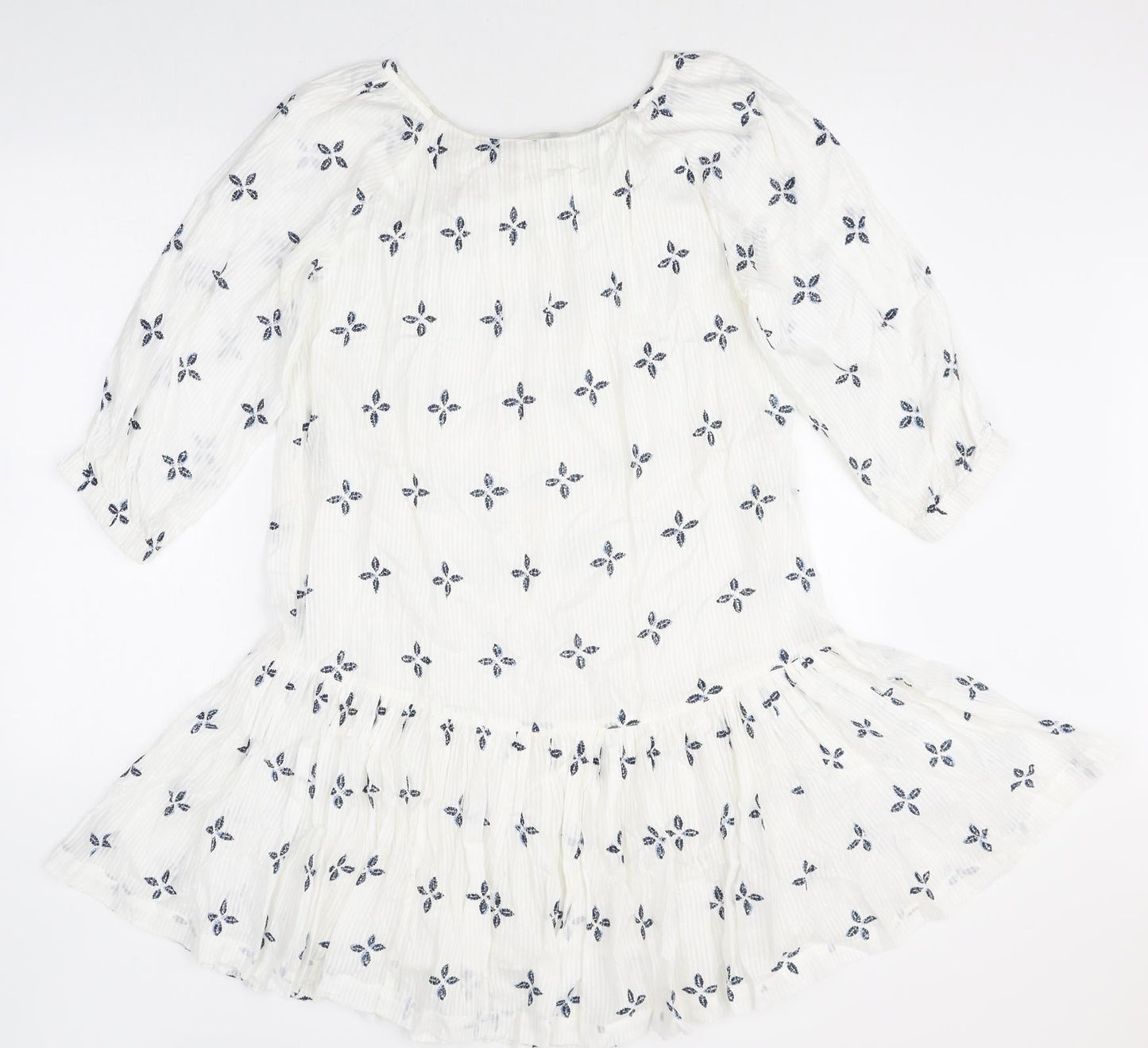 NEXT Womens White Geometric 100% Cotton Fit & Flare Size 8 Scoop Neck Pullover - Peplum