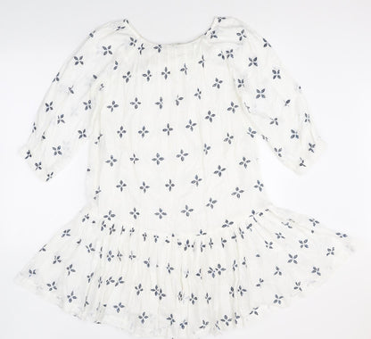 NEXT Womens White Geometric 100% Cotton Fit & Flare Size 8 Scoop Neck Pullover - Peplum