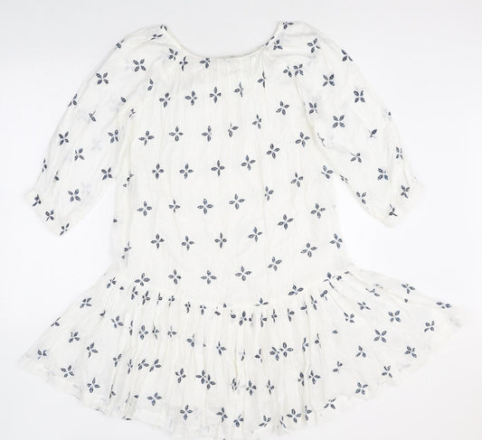 NEXT Womens White Geometric 100% Cotton Fit & Flare Size 8 Scoop Neck Pullover - Peplum