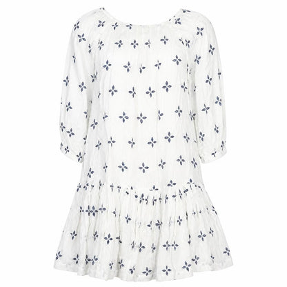 NEXT Womens White Geometric 100% Cotton Fit & Flare Size 8 Scoop Neck Pullover - Peplum