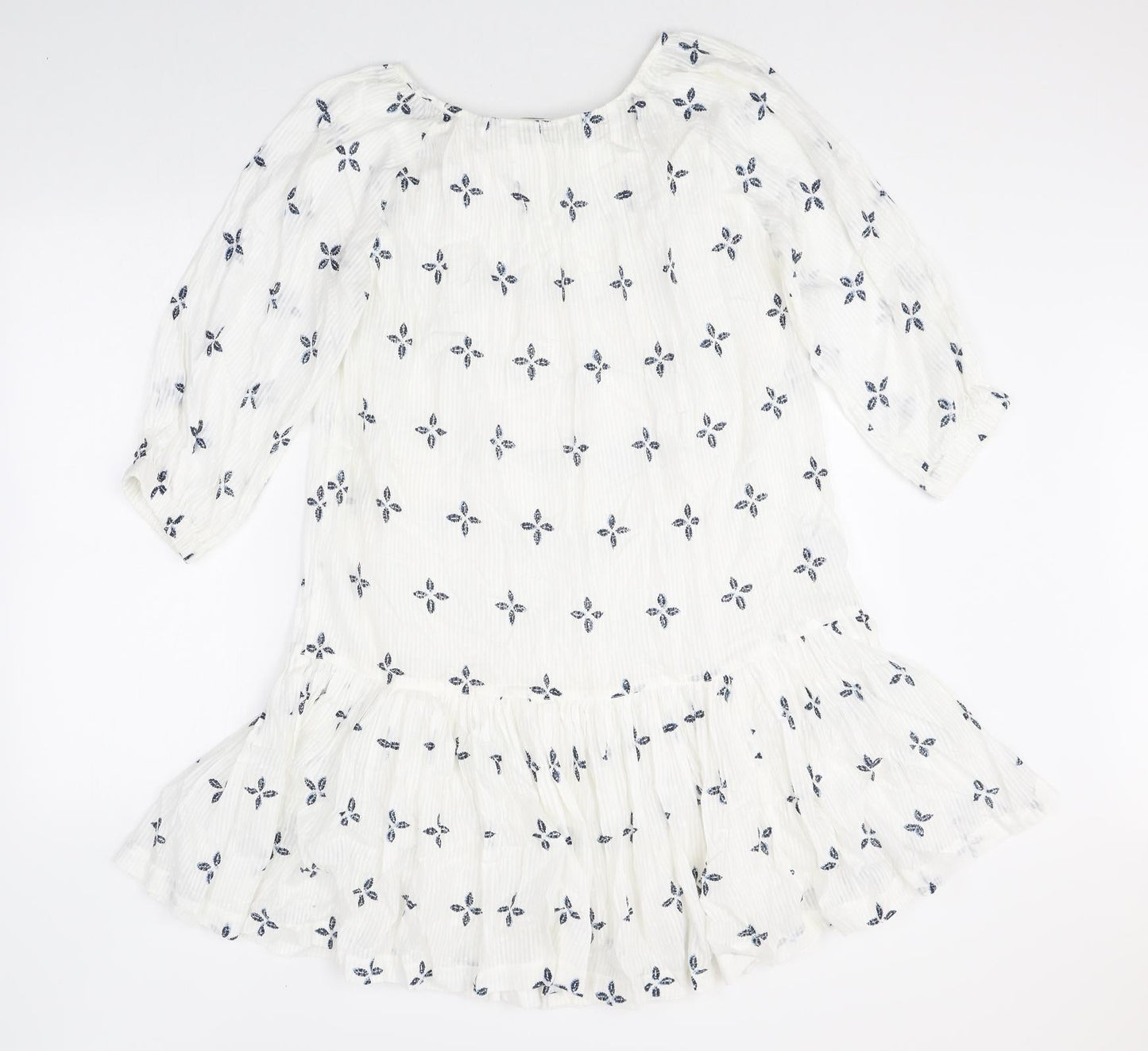 NEXT Womens White Geometric 100% Cotton Fit & Flare Size 8 Scoop Neck Pullover - Peplum