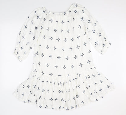 NEXT Womens White Geometric 100% Cotton Fit & Flare Size 8 Scoop Neck Pullover - Peplum