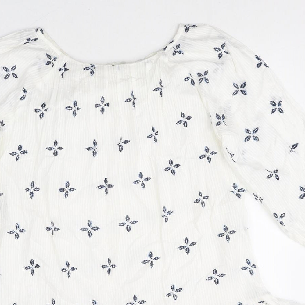 NEXT Womens White Geometric 100% Cotton Fit & Flare Size 8 Scoop Neck Pullover - Peplum