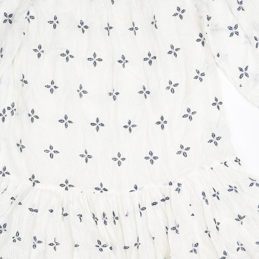 NEXT Womens White Geometric 100% Cotton Fit & Flare Size 8 Scoop Neck Pullover - Peplum