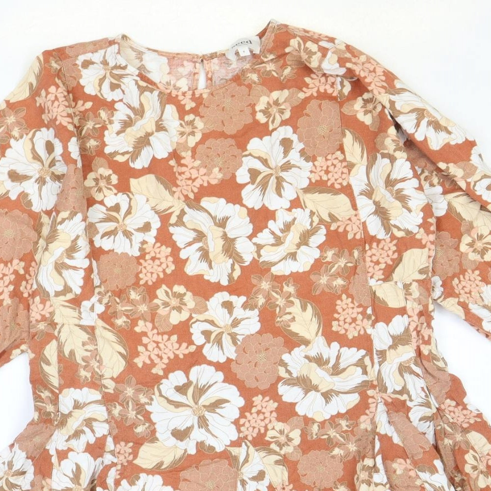 Seed Womens Pink Floral Lyocell Skater Dress Size 6 Round Neck Button