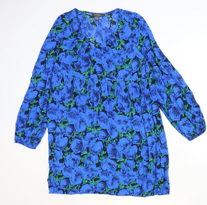 Primark Womens Blue Floral Viscose Shift Size 12 V-Neck Pullover