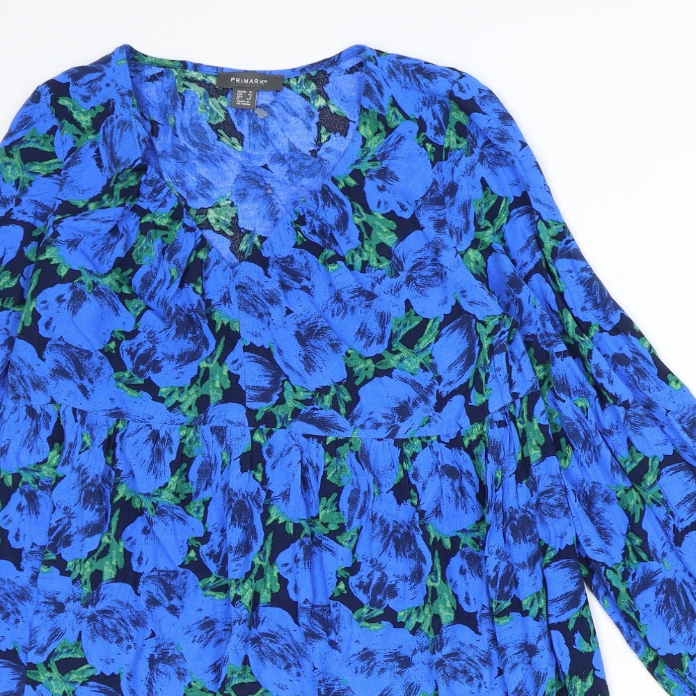 Primark Womens Blue Floral Viscose Shift Size 12 V-Neck Pullover