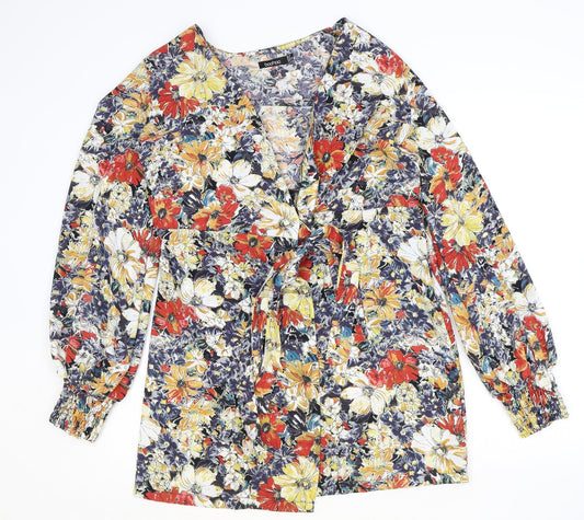 Boohoo Womens Multicoloured Floral Polyacrylate Fibre Basic Blouse Size 10 V-Neck