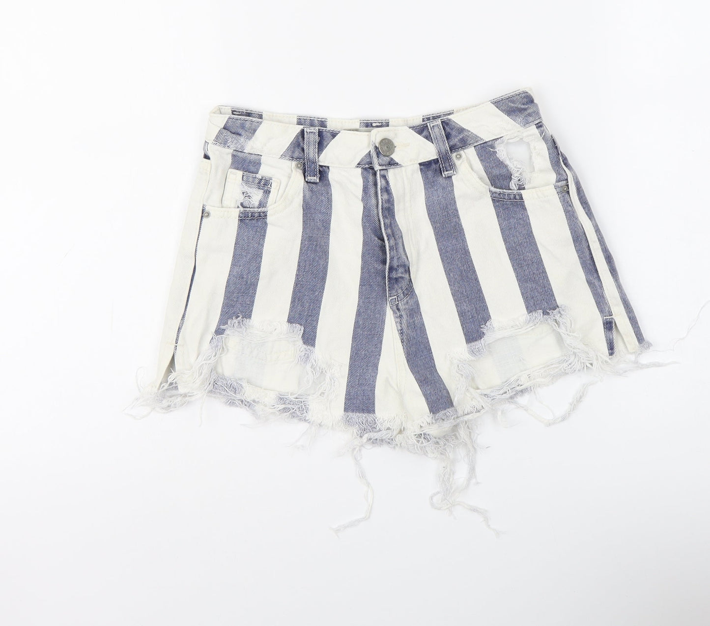 Topshop Womens Beige Striped Cotton Cut-Off Shorts Size 8 L3 in Regular Button