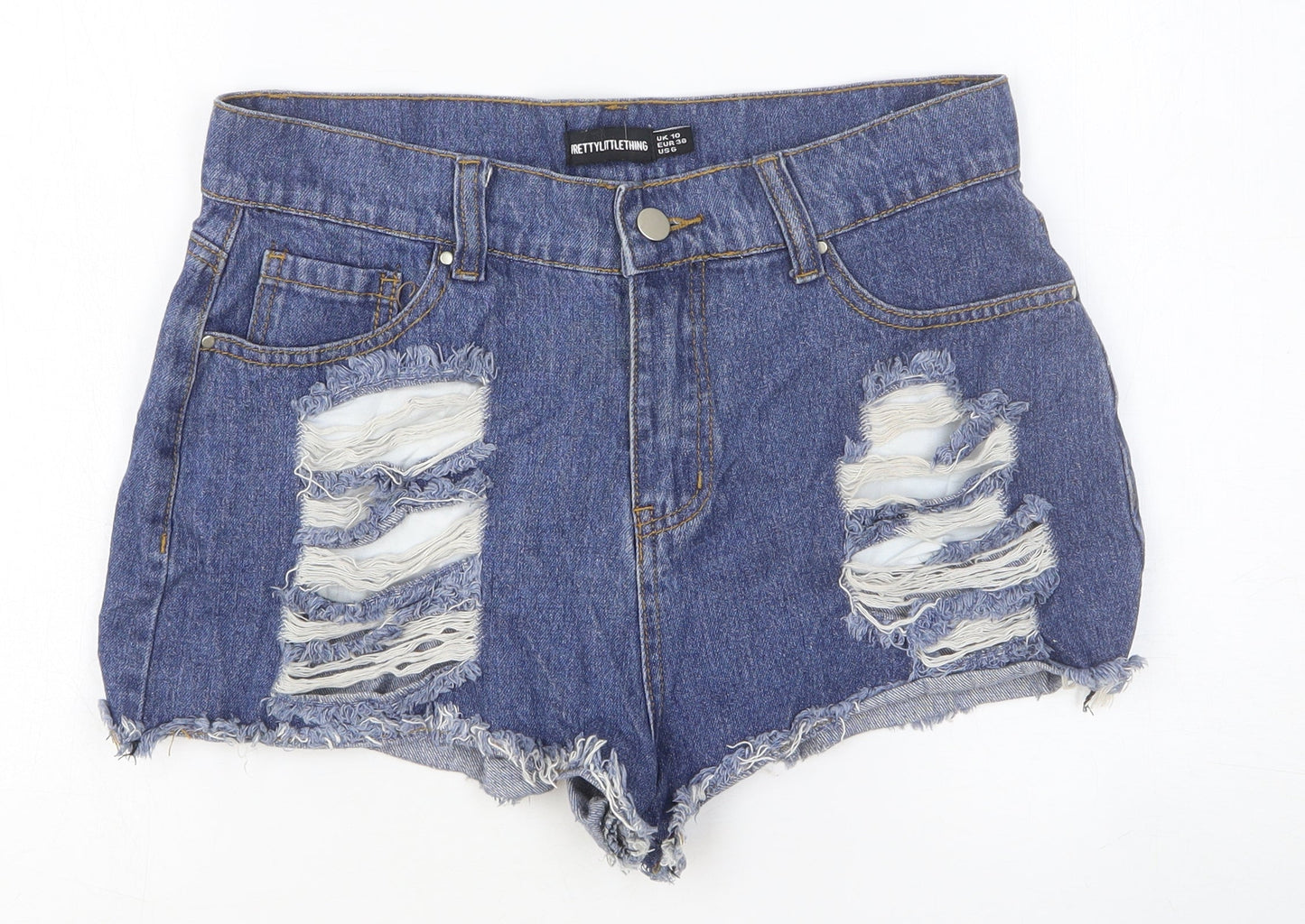 PRETTYLITTLETHING Womens Blue Cotton Cut-Off Shorts Size 10 Regular Button