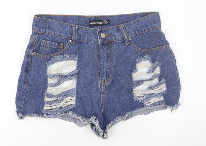 PRETTYLITTLETHING Womens Blue Cotton Cut-Off Shorts Size 10 Regular Button