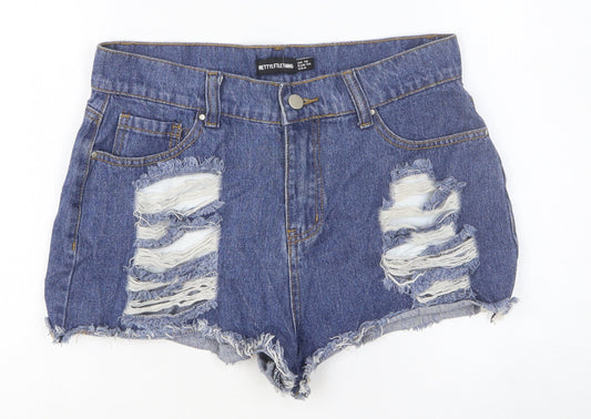 PRETTYLITTLETHING Womens Blue Cotton Cut-Off Shorts Size 10 Regular Button