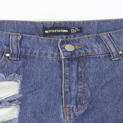 PRETTYLITTLETHING Womens Blue Cotton Cut-Off Shorts Size 10 Regular Button