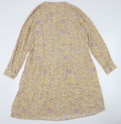 Milano Womens Yellow Geometric Viscose A-Line Size 10 V-Neck Button