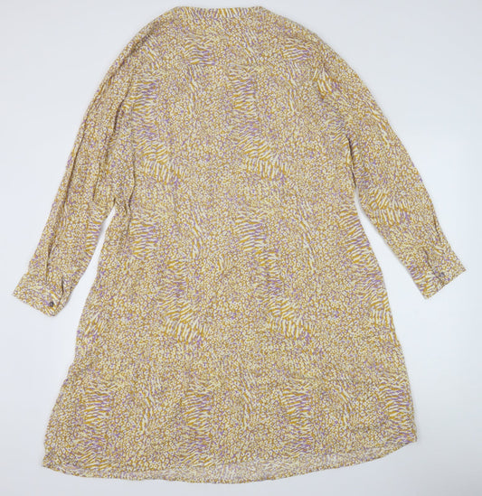 Milano Womens Yellow Geometric Viscose A-Line Size 10 V-Neck Button