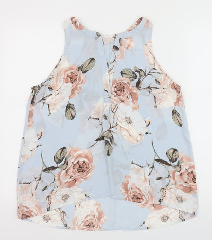 Lila Rose Womens Blue Floral Polyester Basic Tank Size M Boat Neck