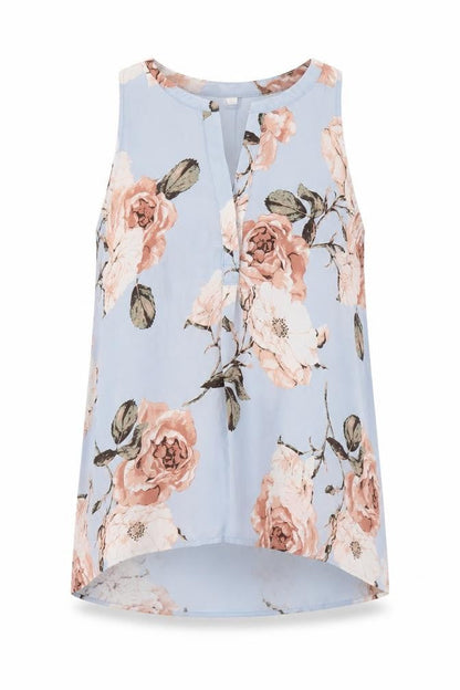 Lila Rose Womens Blue Floral Polyester Basic Tank Size M Boat Neck