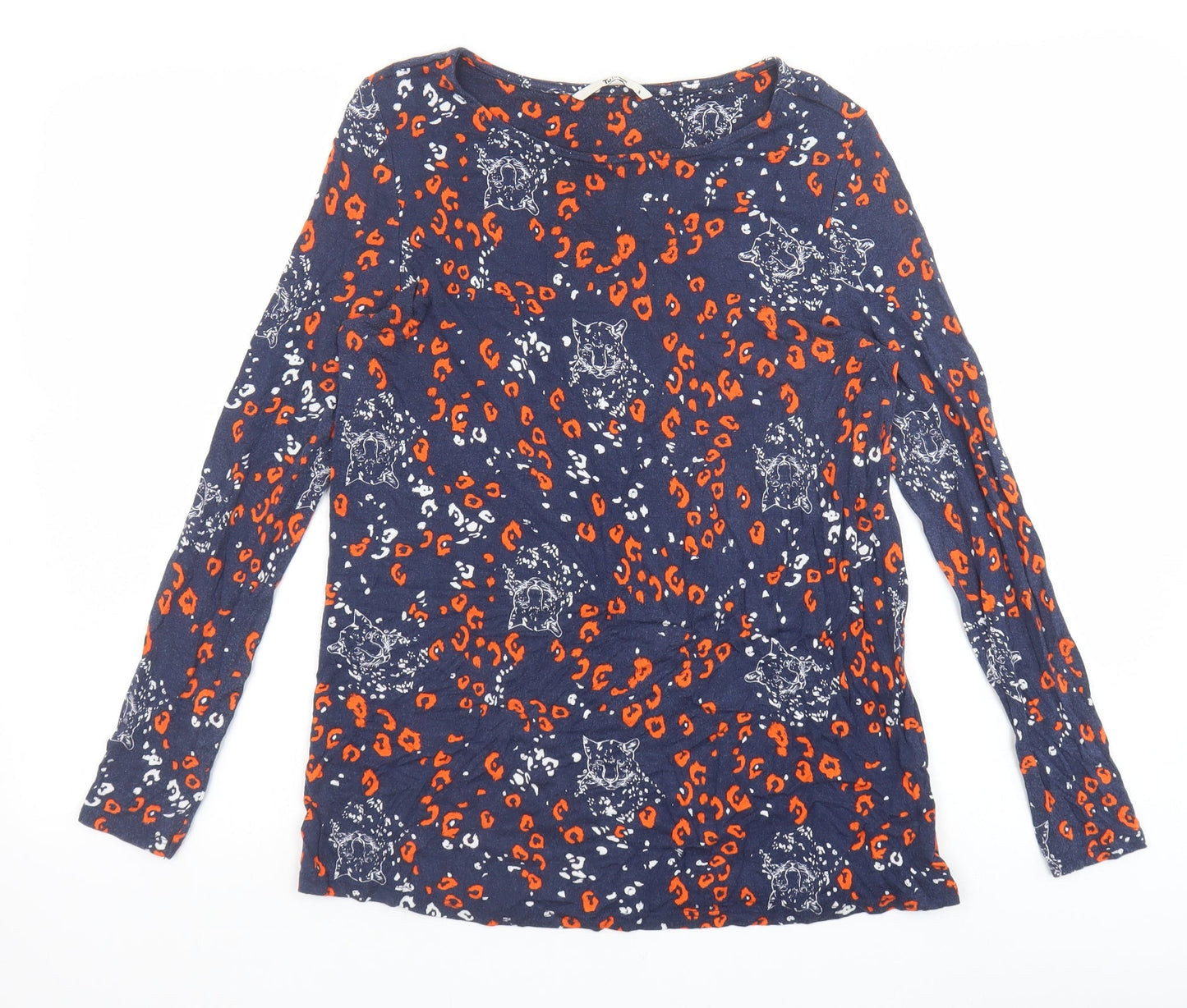 TU Womens Blue Animal Print Modal Basic T-Shirt Size 8 Boat Neck - Leopard Print