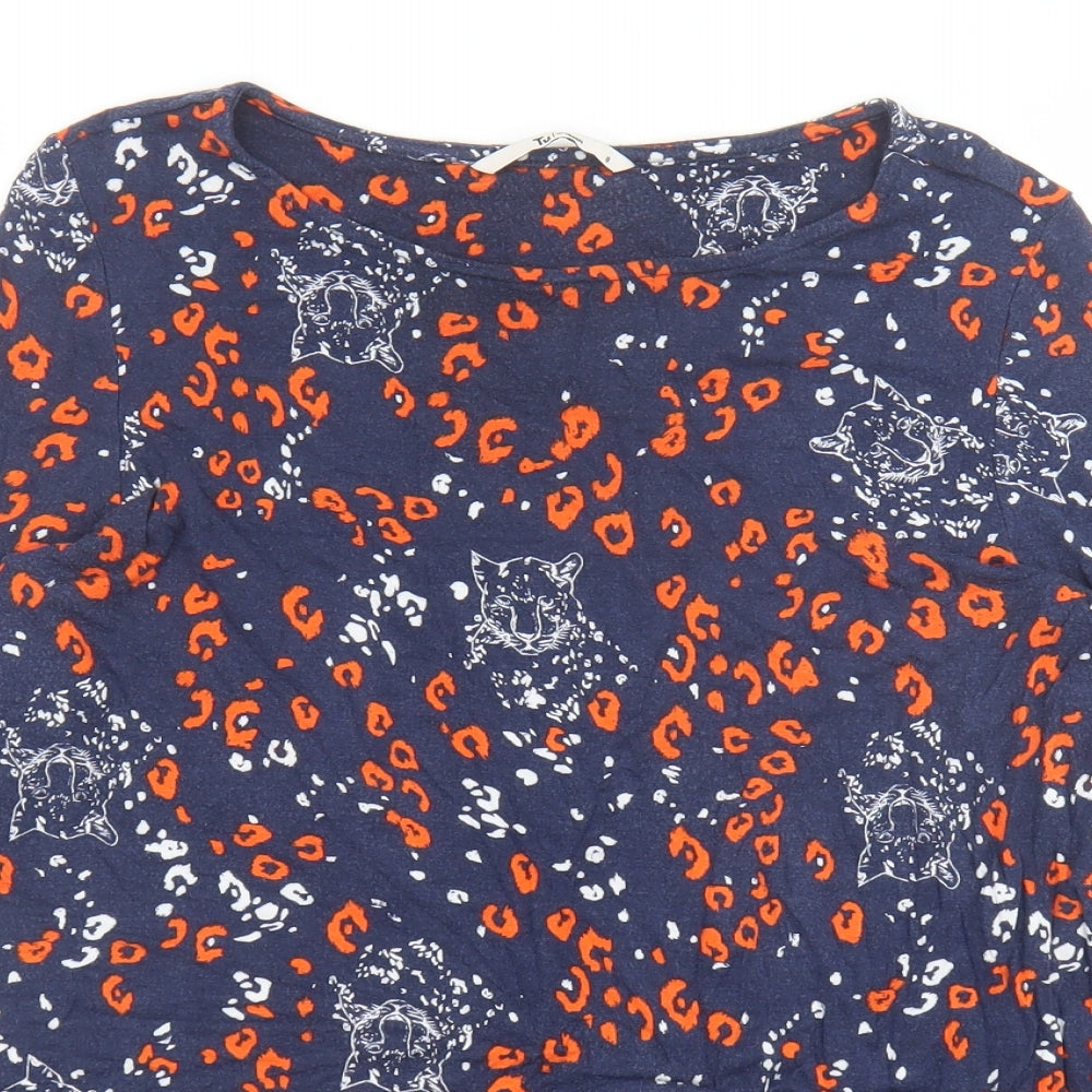 TU Womens Blue Animal Print Modal Basic T-Shirt Size 8 Boat Neck - Leopard Print