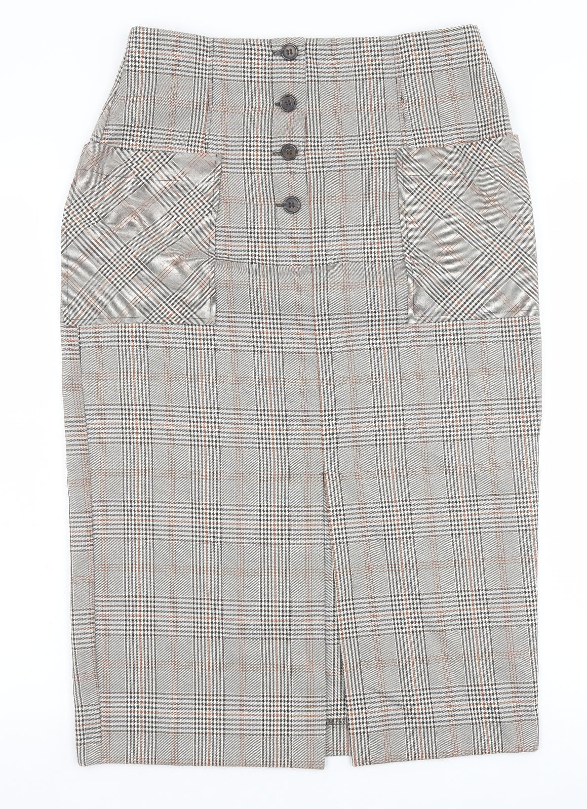 Primark Womens Brown Plaid Polyester Straight & Pencil Skirt Size 12 Button