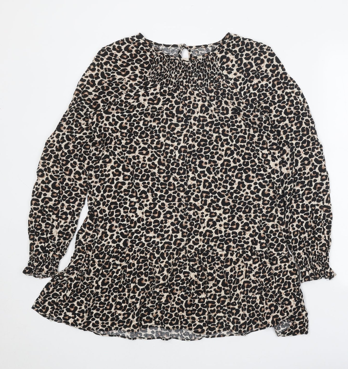 Preworn Womens Brown Animal Print Polyester Shirt Dress One Size Round Neck Button - Leopard print