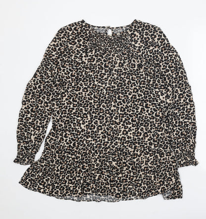 Preworn Womens Brown Animal Print Polyester Shirt Dress One Size Round Neck Button - Leopard print