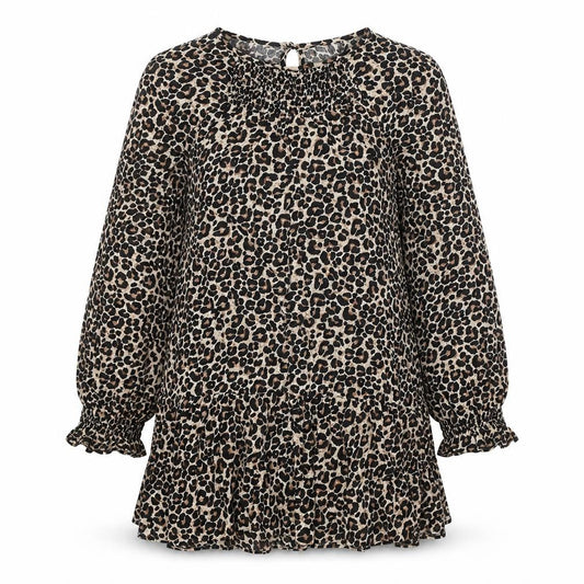 Preworn Womens Brown Animal Print Polyester Shirt Dress One Size Round Neck Button - Leopard print