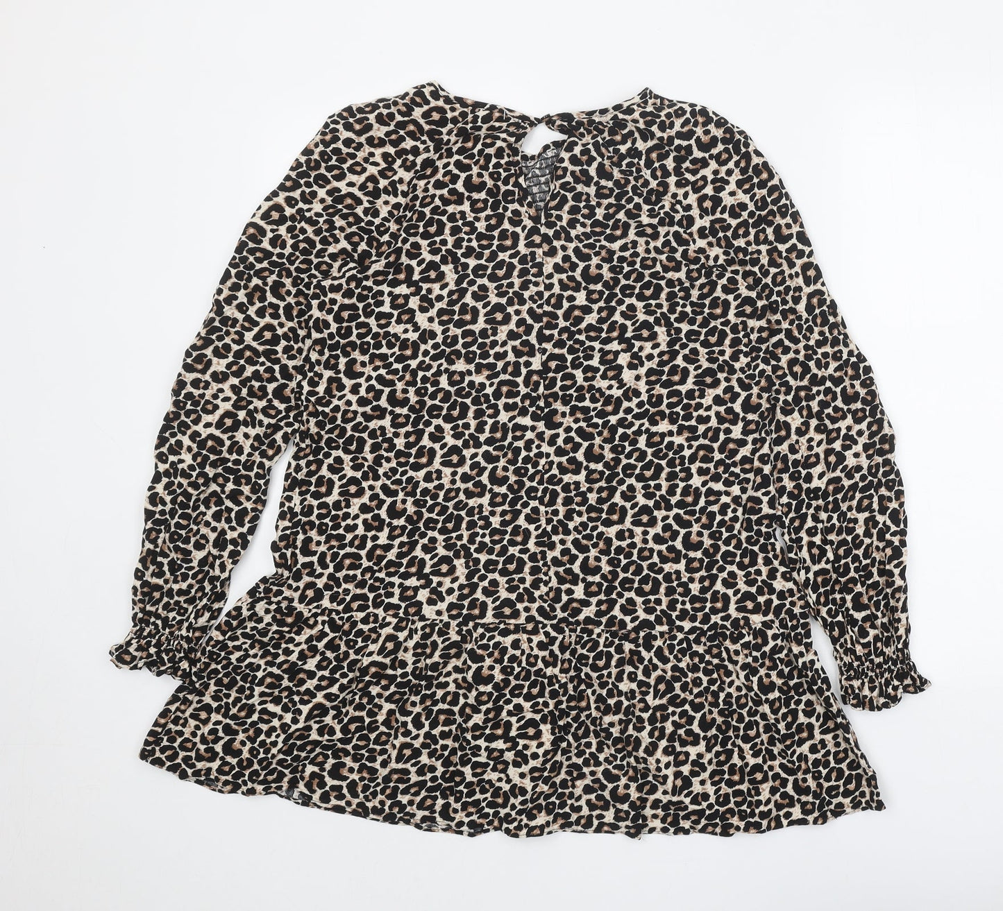 Preworn Womens Brown Animal Print Polyester Shirt Dress One Size Round Neck Button - Leopard print