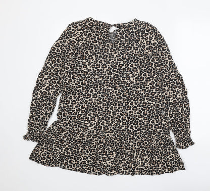 Preworn Womens Brown Animal Print Polyester Shirt Dress One Size Round Neck Button - Leopard print
