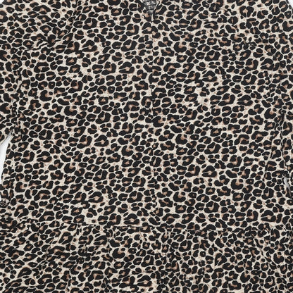 Preworn Womens Brown Animal Print Polyester Shirt Dress One Size Round Neck Button - Leopard print