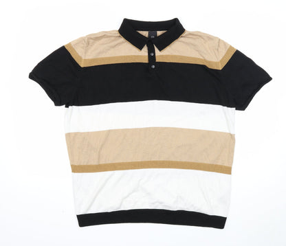 River Island Mens Multicoloured Striped Cotton Polo Size XL Collared Snap