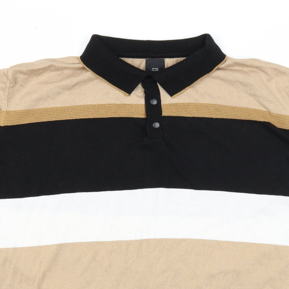 River Island Mens Multicoloured Striped Cotton Polo Size XL Collared Snap
