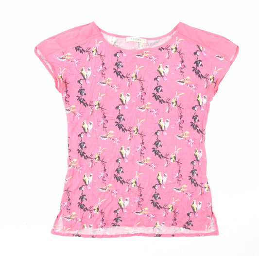 Oasis Womens Pink Geometric Viscose Basic T-Shirt Size XS Boat Neck - Bird Pattern