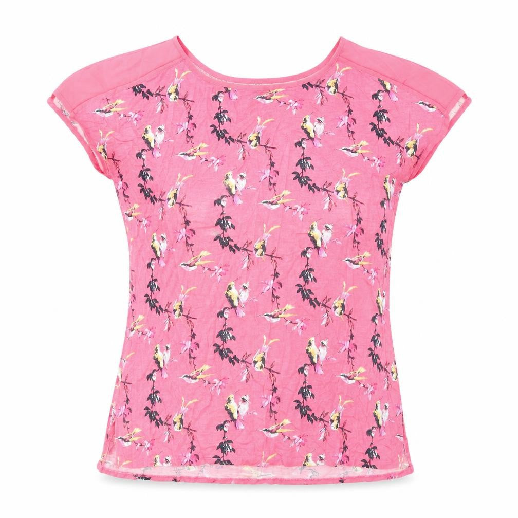 Oasis Womens Pink Geometric Viscose Basic T-Shirt Size XS Boat Neck - Bird Pattern