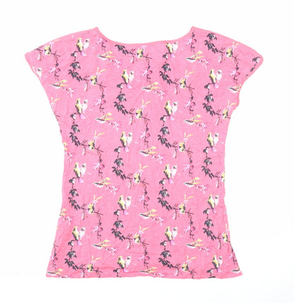 Oasis Womens Pink Geometric Viscose Basic T-Shirt Size XS Boat Neck - Bird Pattern